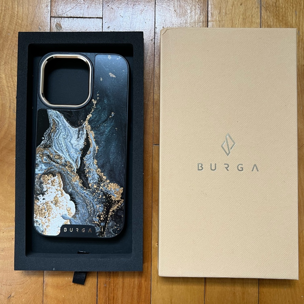 New in box Burga elite gold trim iPhone 13 Pro case Northern lights tough case